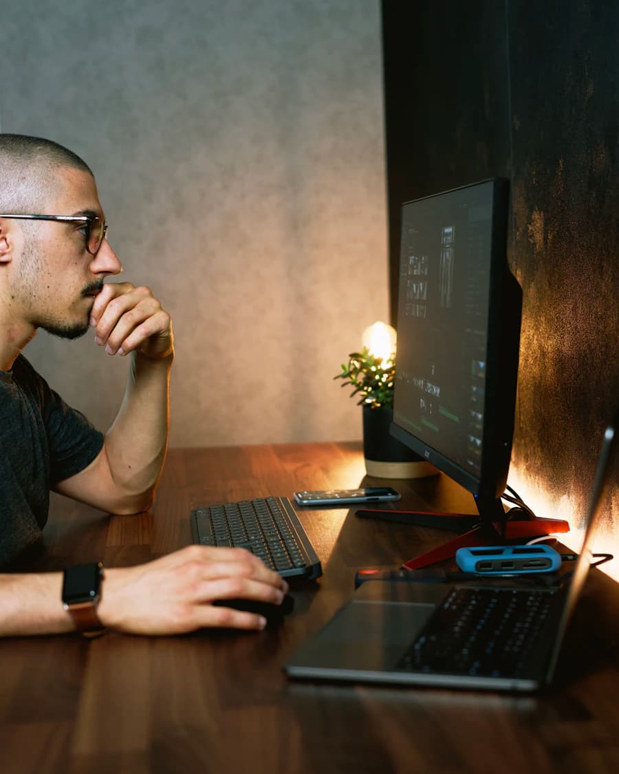 Man in glasses resting his chin on his hand, studying a monitor at a dim desk