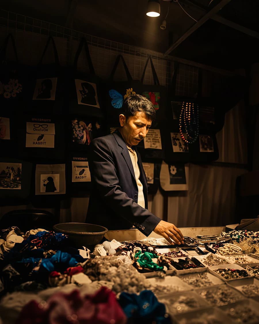 Market stall owner arranging jewelry on a table in warm evening light