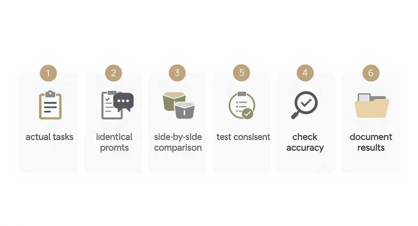 Infographic showing 6-step framework for testing AI models with icons for each step