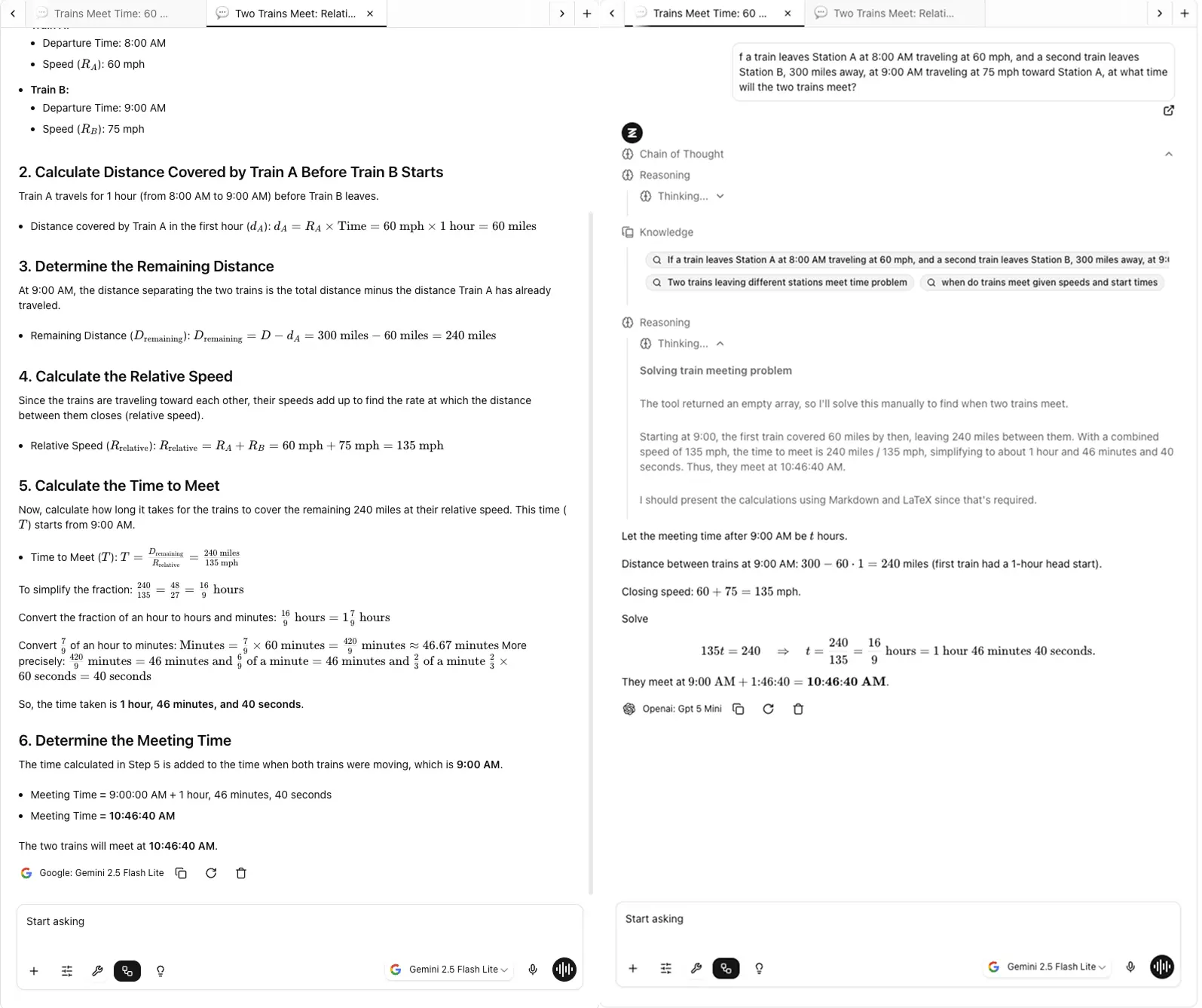 Screenshot showing side-by-side AI model comparison interface with multiple responses visible at once